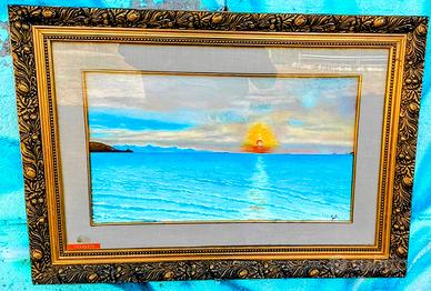 Quadro con tramonto dipinto a mano su tela a olio.