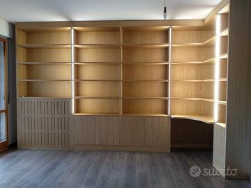 libreria angolare rovere ripiani cassetti ante led