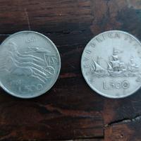 Due monete da 500 lire in argento, caravelle-biga