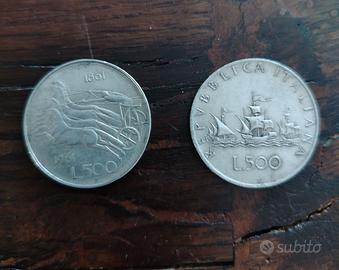 Due monete da 500 lire in argento, caravelle-biga
