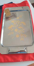 Vassoio vintage in acciaio inox inciso bagno oro.