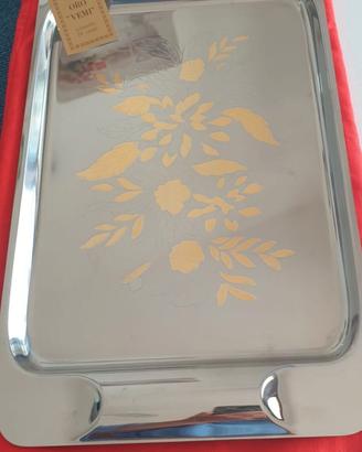 Vassoio vintage in acciaio inox inciso bagno oro.