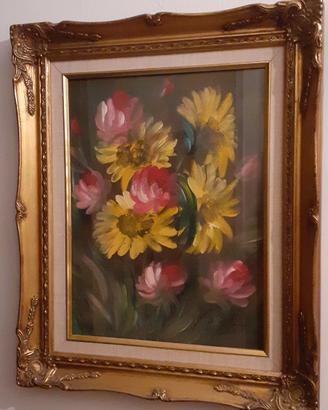 olio su tela d'epoca fiori dipinto con cornice
