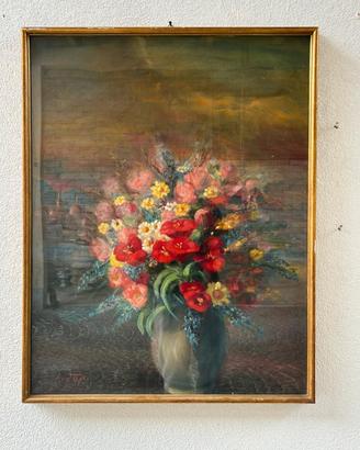 Natura Morta con Fiori Olio su Tela Epoca '900