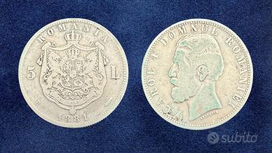 Romania 5 Lei 1881 moneta Argento Re Carol I