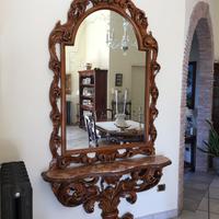 Consolle in legno,piano in marmo e specchio