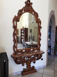 Consolle in legno,piano in marmo e specchio