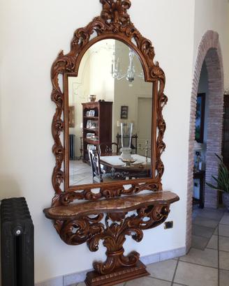 Consolle in legno,piano in marmo e specchio