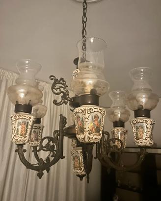 Lampadario vintage 6 luci in ceramica decorata