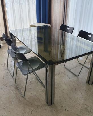 Tavolo in metallo cromato e cristallo fumé vintage