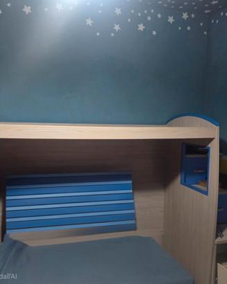 Letto a soppalco con scala contenitore e materasso