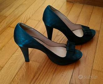 Scarpe Décolleté Donna - Raso Blu +Nude Pizzo nero