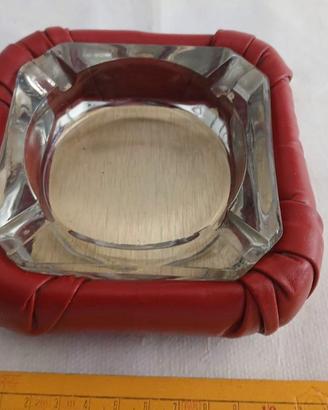 Posacenere Vintage Anni '70 Vetro e Pelle Rossa - 