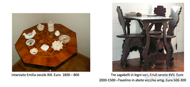 Tavolino ottagonale intarsiato, tavolo +3 sgabelli