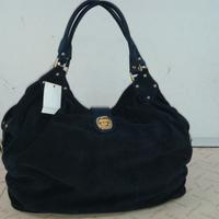 Borsa da donna shopping in vera pelle camoscio blu