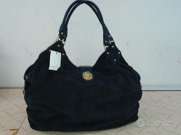 Borsa da donna shopping in vera pelle camoscio blu