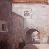 Dipinto ad olio borgo antico anni '40 - '50