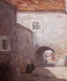 Dipinto ad olio borgo antico anni '40 - '50