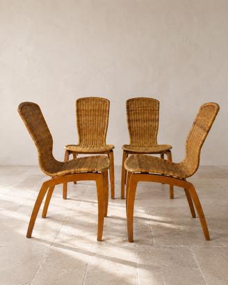 Set di 4 sedie in rattan e legno curvato, anni ’90