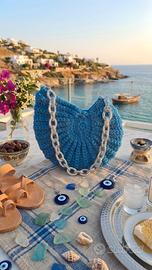 borsa in crochet  a conchiglia  azzurra nuova 