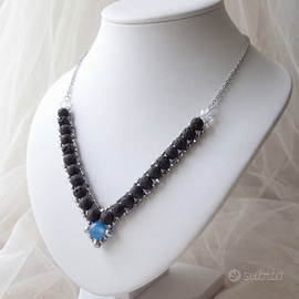 Collana Vintage Etnica Pietra lavica nera +Agata
