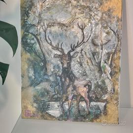 Acrilico su tela, 30x40 - CERVO NEL BOSCO