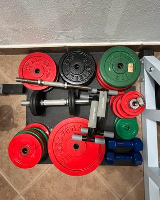 Set pesi, bilancere, panca,rastrelliera per squat