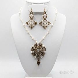 Collana Perle Vintage Pietre Ottone Orecchini