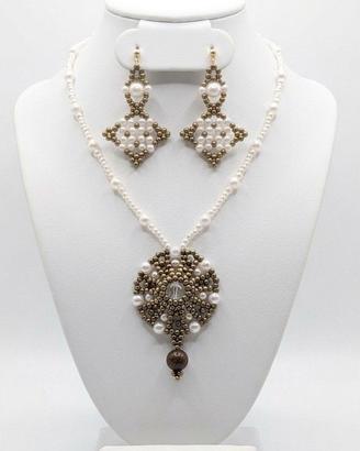 Collana Perle Vintage Pietre Ottone Orecchini