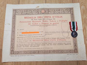 medaglia unità d'Italia con diploma