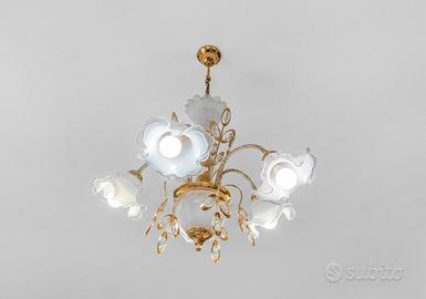 Lampadario Classico Vetro Fiori Oro Cristalli E14