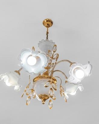 Lampadario Classico Vetro Fiori Oro Cristalli E14