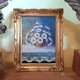Quadro anni 70 cesto di Margherite cm17x21 Dipinto