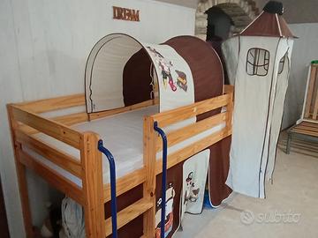 Letto singolo a soppalco per bambine con tenda e tunnel Rosa