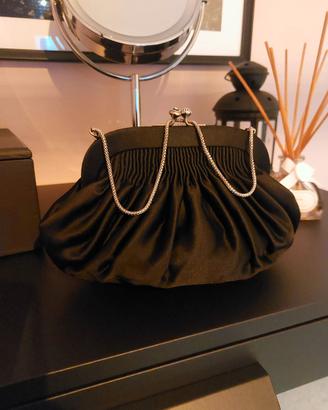 Pochette nera in raso clutch con catenella anni 70