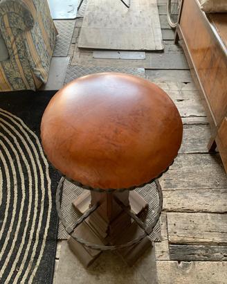 Sgabelli vintage industriali in legno e cuoio