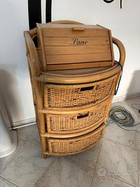Mobiletto in rattan con 4 cassetti + portapane