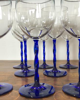 Bicchieri calice vino cristallo gambo blu Set 8 pz