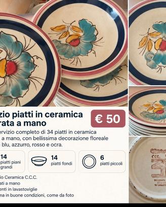 Servizio 34 piatti in ceramica decorata a mano
