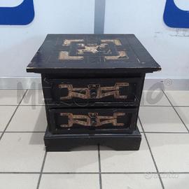 COMODINO ETNICO 2 CASSETTINI INSERTI STOFFA LEGNO