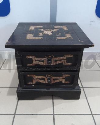 COMODINO ETNICO 2 CASSETTINI INSERTI STOFFA LEGNO