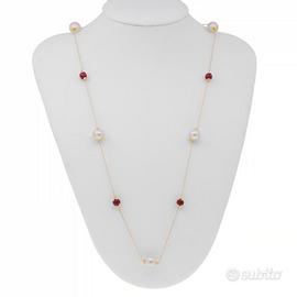 Collana oro 18kt, perle e rubini naturali