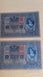Due banconote austriache 1902 da 1000 corone