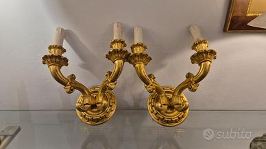 Coppia Applique Vintage Legno Dorato 2 Luci 1960