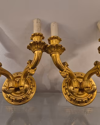Coppia Applique Vintage Legno Dorato 2 Luci 1960