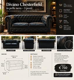 Divano chesterfield in pelle nera-2 posti elegante