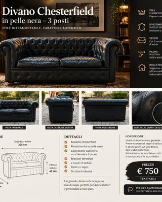 Divano chesterfield in pelle nera-2 posti elegante