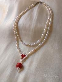 Collana Perle Multifilo Pendente Corallo Rosso 