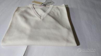 Pullover Uomo Scollo a V Lana Merino Tg.XL Panna