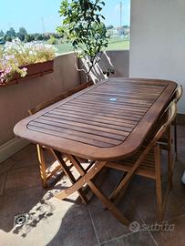 Set tavolo da giardino in legno + 4 sedie pieghevi
